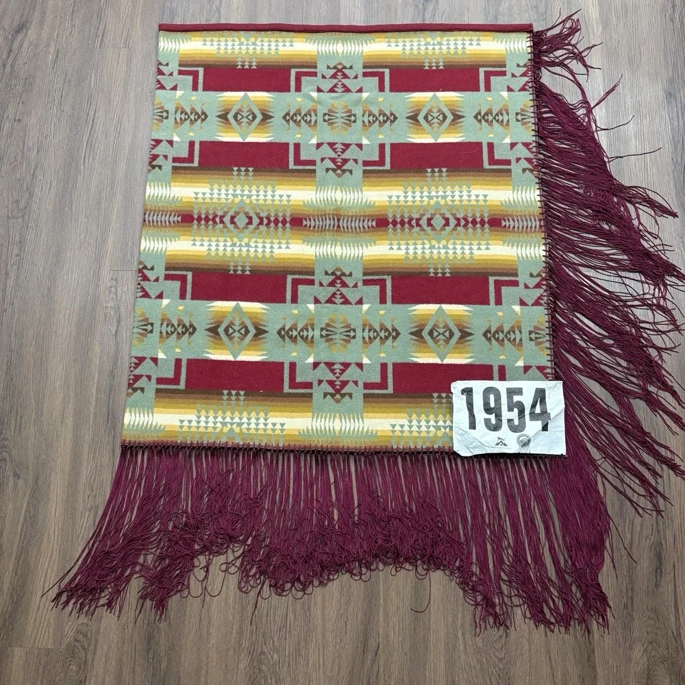 Wool Geometric Southwestern Shawl Fringe Maroon Green Yellow 36x64 Tribal Style